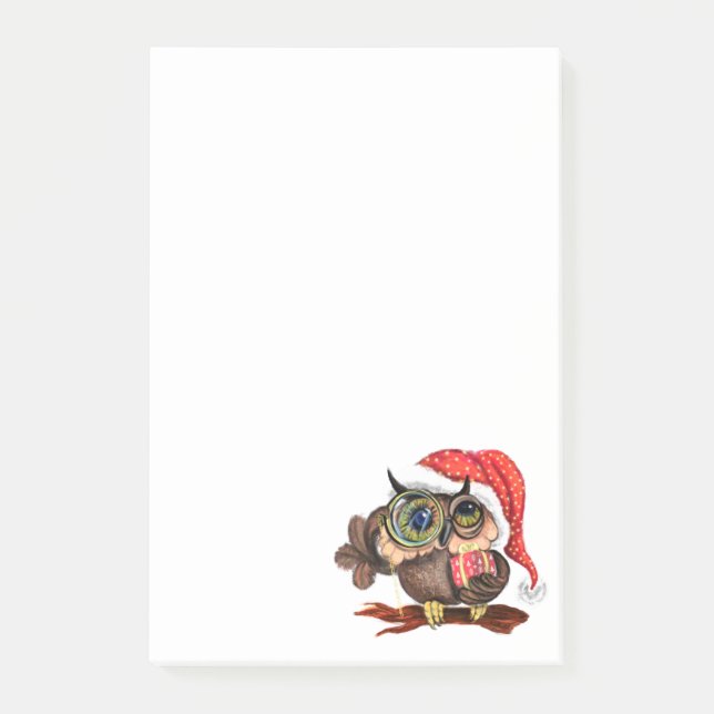 Baby Owl In Christmas Hat and Gift Post it Notes Post-it Klebezettel (Vorderseite)