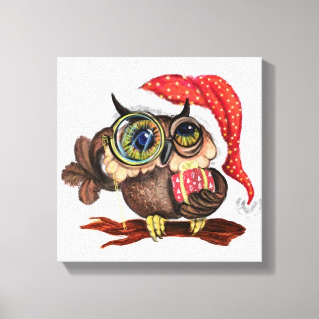 Baby Owl in Christmas Hat Canvas drucken Leinwanddruck (Vorderseite)