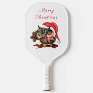 Baby Owl in Christmas Hat Pickleball Paddle Gesche