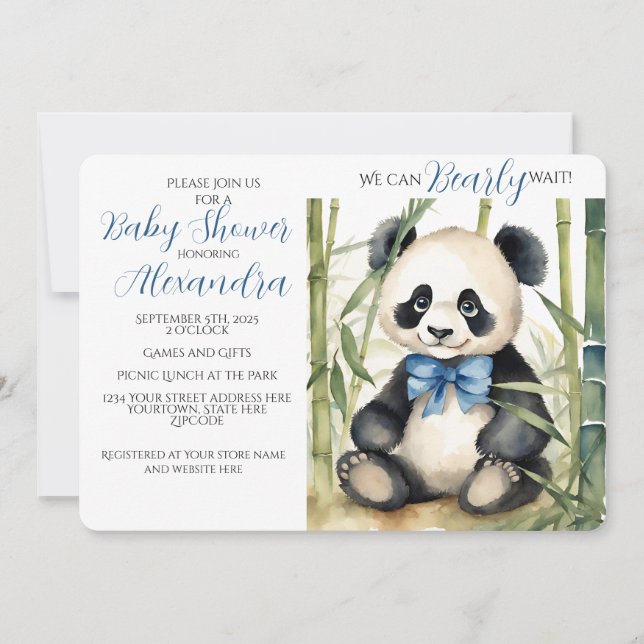 Baby Panda Bear Boy Bearly Wait Baby Dusche Einladung (Vorderseite)