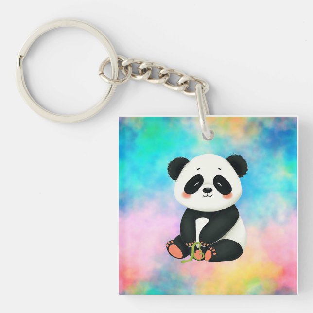 Baby Panda hält ein Stück Bambus. Schlüsselanhänger (Vorderseite)