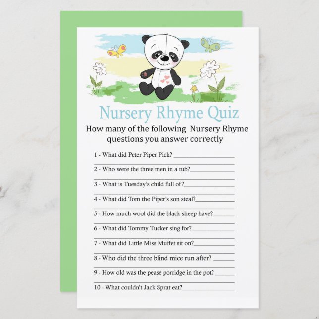 Baby Panda Kinderzimmer Rhyme Quiz Babyduschenspie (Vorne/Hinten)