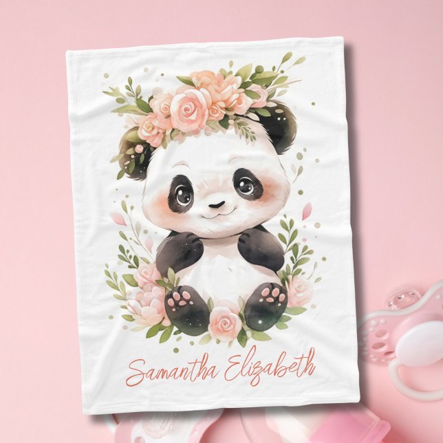 Baby Panda Pink Floral Blume Baby Girl Geschenk Fleecedecke (Baby Panda Bear with Pink Flowers Baby Blanket. Personalize it with her name. Available in 3 sizes)