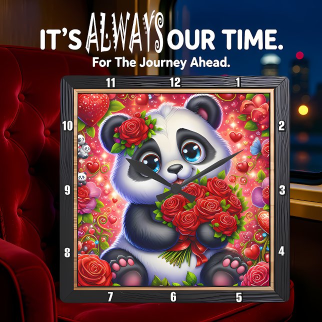 Baby Panda Red Rose Quadratische Wanduhr (Von Creator hochgeladen)