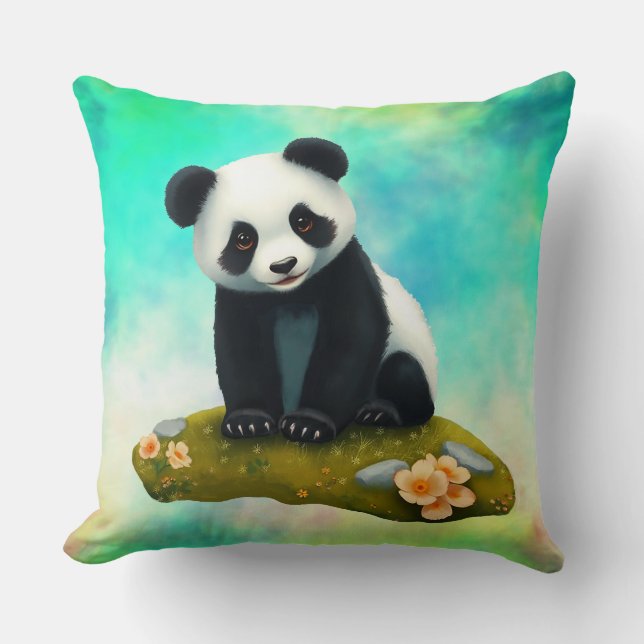 Baby Panda riecht nach den Blume Kissen (Vorderseite)