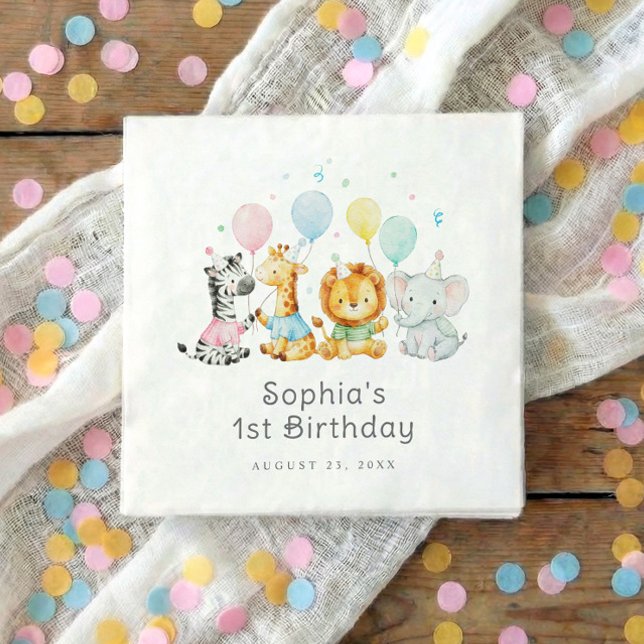 Baby Party Animals Cute 1st Birthday Serviette (Kids birthday party napkins with elephant, lion, giraffe and zebra holding balloons)