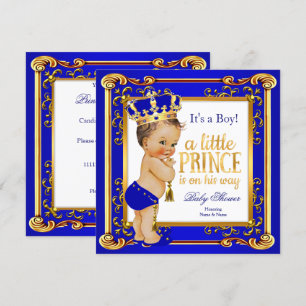 Baby-Party für Prinzen Blau Goldene Krone Brünette Einladung