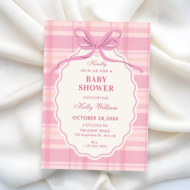 Baby-Party mit rosa karierter Schleife Einladung (Von Creator hochgeladen)