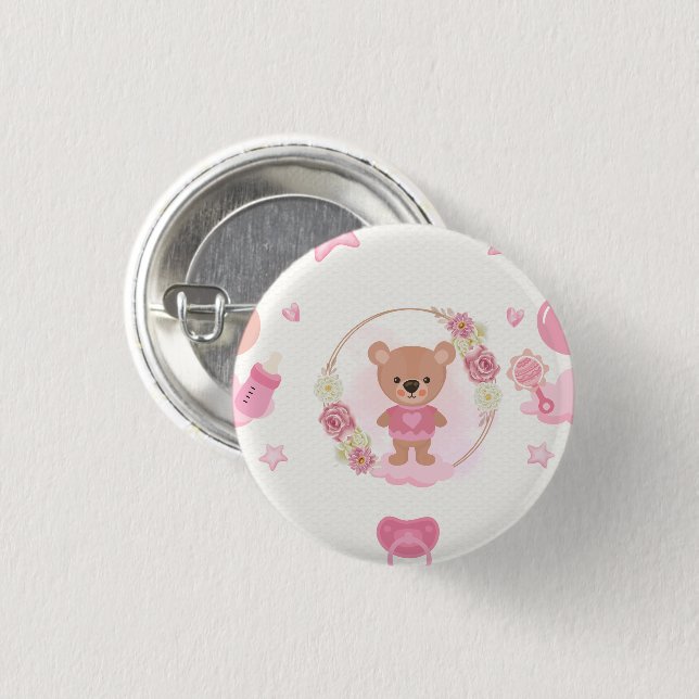 Baby-Party mit rosa Teddybär  Button (Vorne & Hinten)