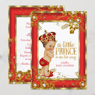Baby-Party Prinz Rot Gold Weiß Brünett Junge Einladung