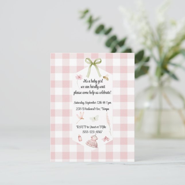 Baby-Party rosa Gingham Einladung (Stehend Vorderseite)