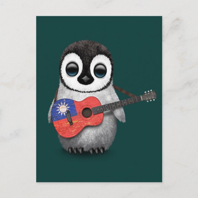 Baby Penguin Aquamarin taiwanesische Flaggengitarr Postkarte (Vorderseite)