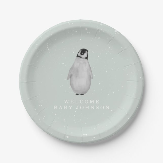 Baby Penguin Blue Winter Baby Dusche Pappteller (Vorderseite)