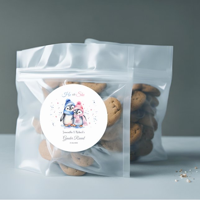 Baby Penguin Gender Reveal Danke, dass Sie für Auf Runder Aufkleber (Von Creator hochgeladen)