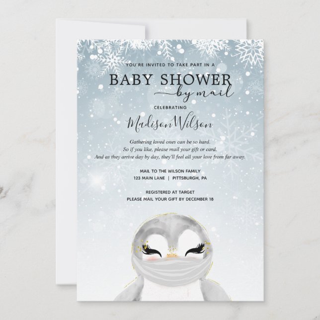 Baby Penguin mit Maske Baby Dusche by Mail Einladung (Vorderseite)