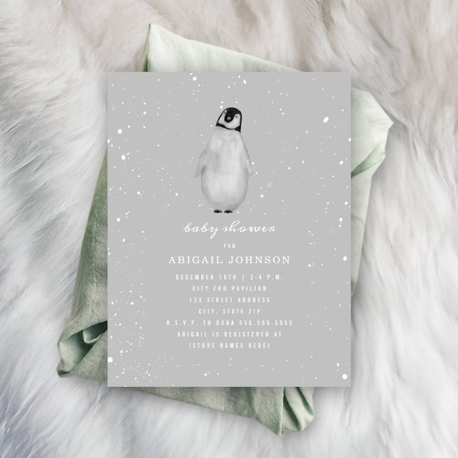Baby Penguin Neutral Gray Baby Dusche Einladung (Von Creator hochgeladen)