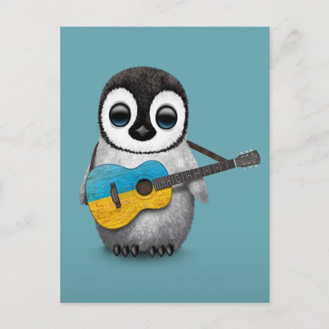 Baby Penguin Playing Ukrainische Flaggengitarre Bl Postkarte (Vorderseite)