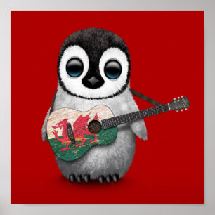 Baby Penguin Playing Welsh Flag Gitarre Red Poster