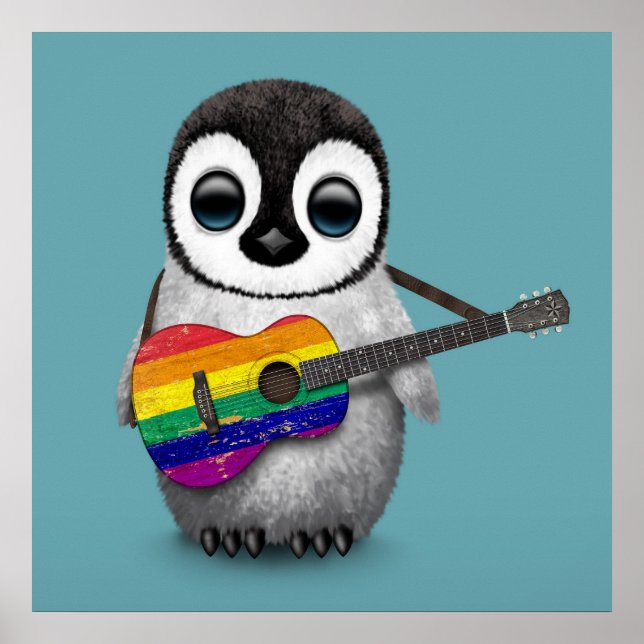 Baby Penguin Rainbow Flag Guitar Blue Poster (Vorne)