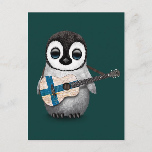 Baby Penguin Spielen finnische Flaggengitarre Aqua Postkarte (Vorderseite)
