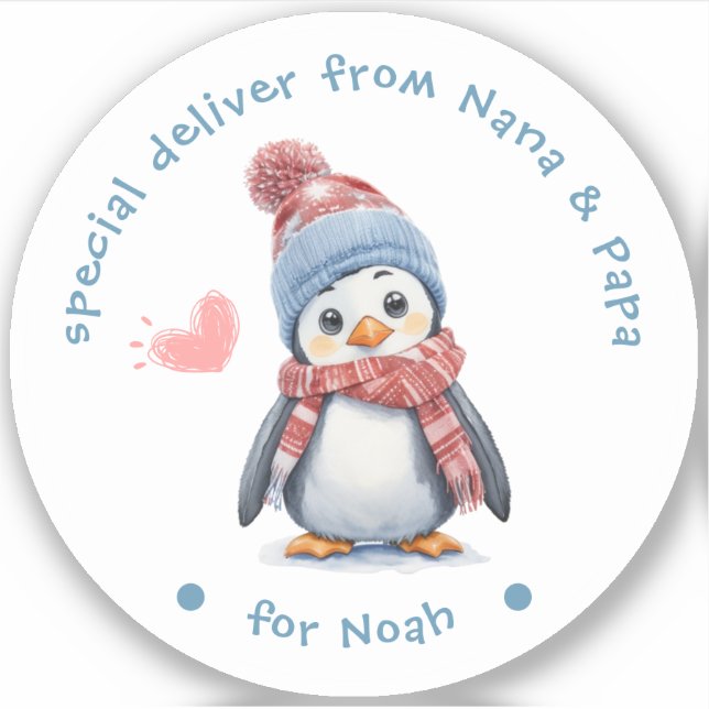Baby Penguin White Christmas Label für Kinder Gesc (Vorderseite)