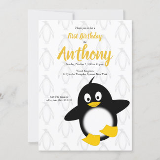 Baby Penguin Yellow Black First Geburtstag Einladung