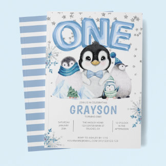 Baby Penguins 1. Geburtstag Winter Einladung