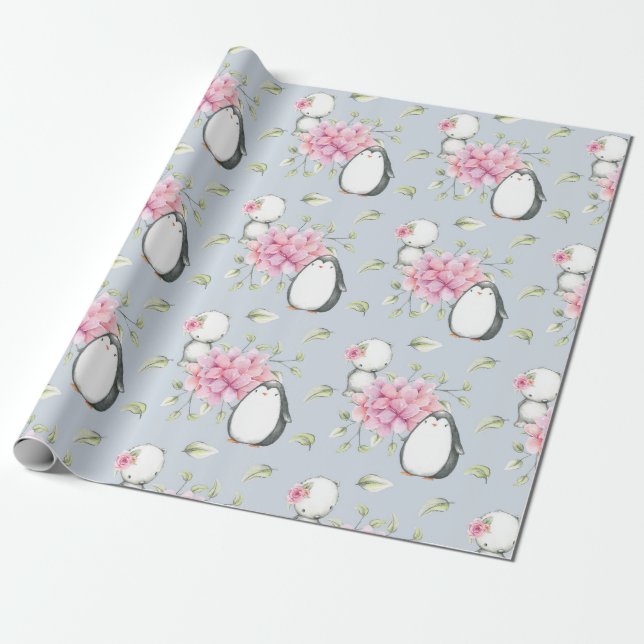 Baby Penguins Rosa und blaues Geschenk Geschenkpapier (Ungerollt)