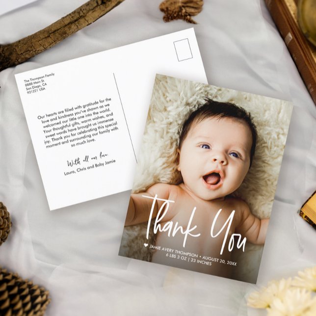 Baby Photo Handlettering Thank you Modern Birth Ankündigungspostkarte (Bestseller Baby Shower photo thank you handlettering script birth announcement postcard)