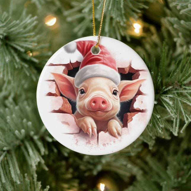 Baby Pig in Weihnachtsmannmütze - 3D Keramik Ornament (Baum)