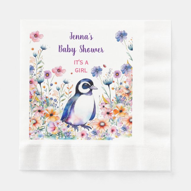 Baby Pinguin in Blume Es ist ein Mädchen | Babydus Serviette (Vorderseite)