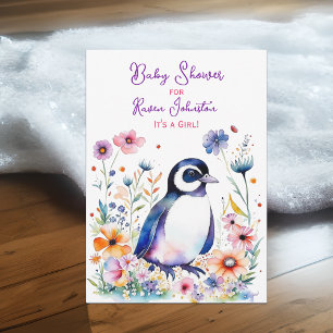 Baby Pinguin in Blume Girl's Baby Shower Einladung