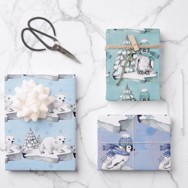 Baby-Pinguine und Polar-Bären auf Eisströmen Geschenkpapier Set (Vorderseite)