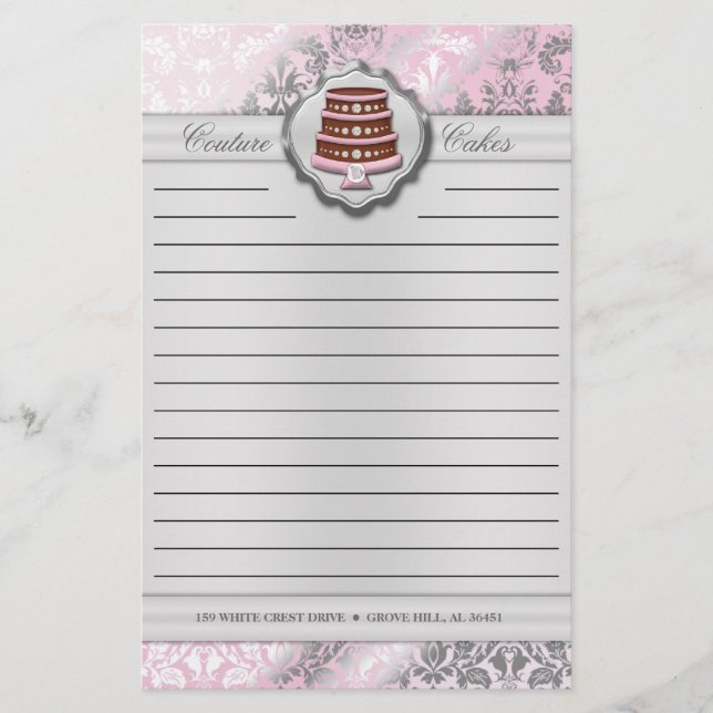 Baby Pink Cake Couture Damask Lined Business Briefpapier (Vorderseite)