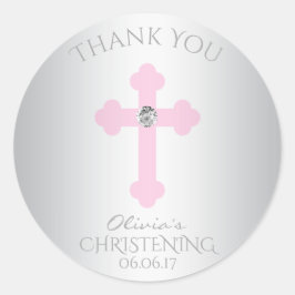 Baby Pink Cross Taufe/Christening Girl Vielen Dank Runder Aufkleber