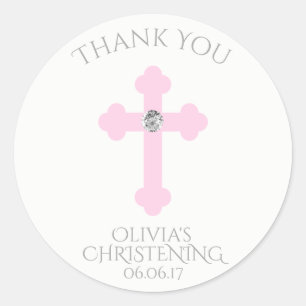 Baby Pink Cross Taufe/Christening Girl Vielen Dank Runder Aufkleber
