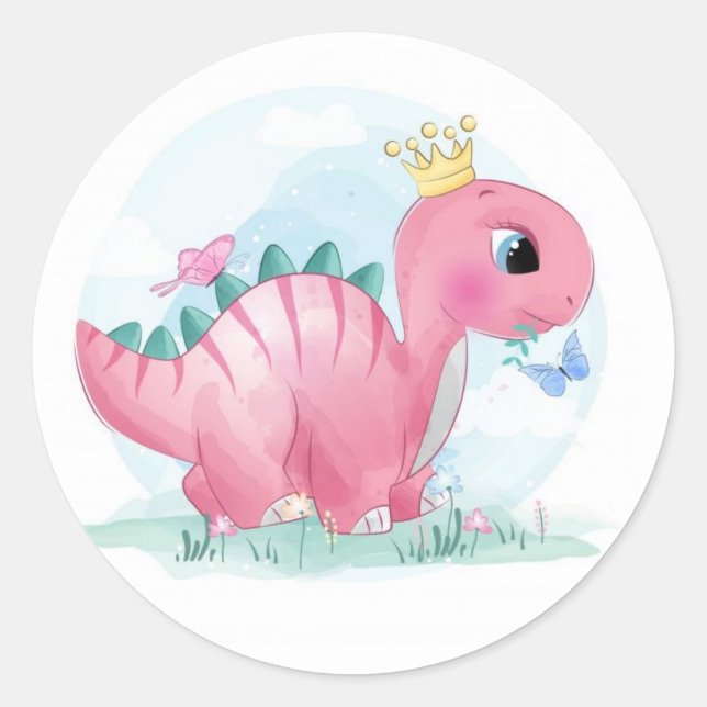 Baby Pink Dinosaurier mit Krone Runder Aufkleber (Vorderseite)