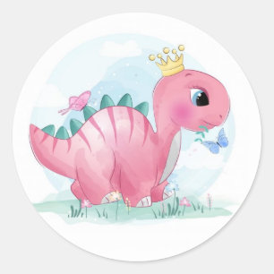 Baby Pink Dinosaurier mit Krone Runder Aufkleber