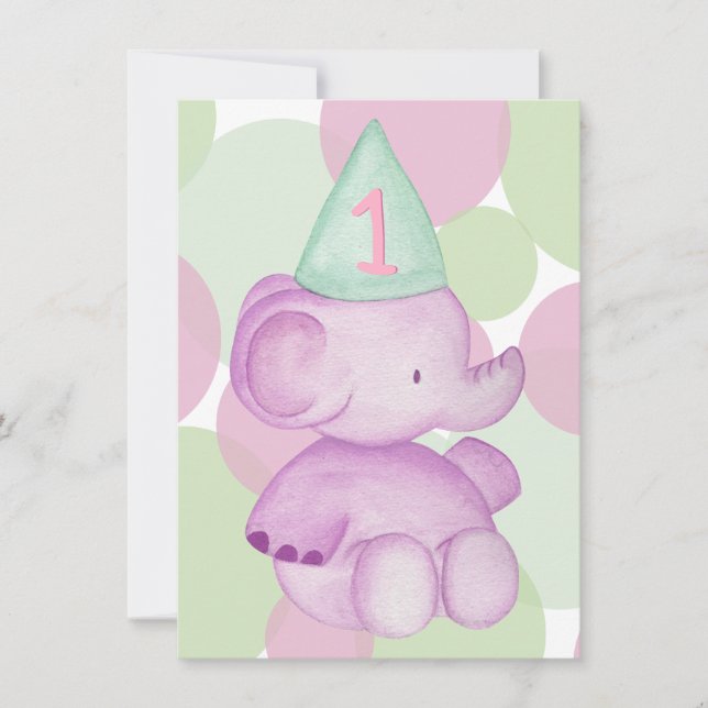 Baby Pink Elephant 1. Geburtstag Party Einladung (Vorderseite)