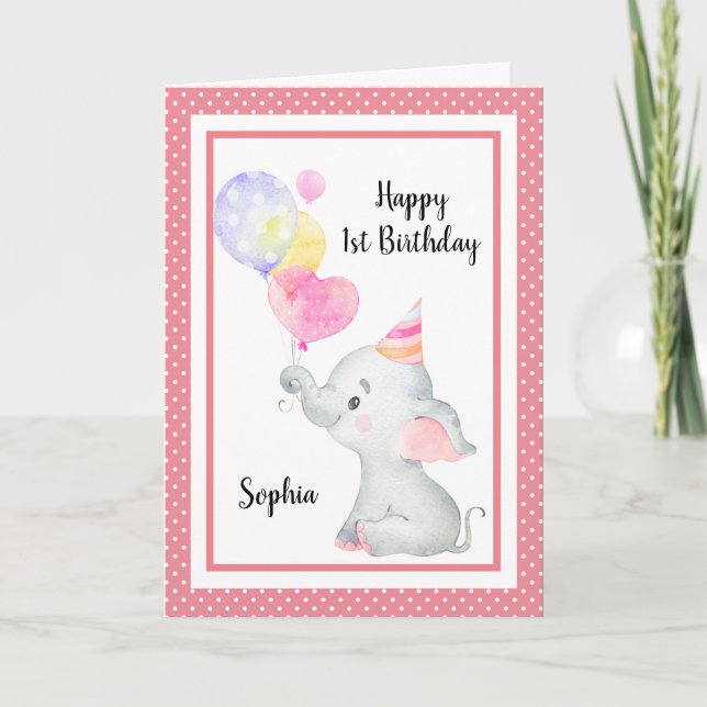 Baby Pink Elephant Niedliche Geburtstag Girl Custo Karte (Vorderseite)
