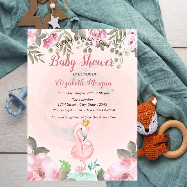 Baby Pink Flamingo Crown Floral Baby Dusche Einladung (Von Creator hochgeladen)