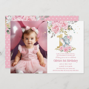 Baby Pink Floral Elephant 1. Geburtstags-Foto Einladung
