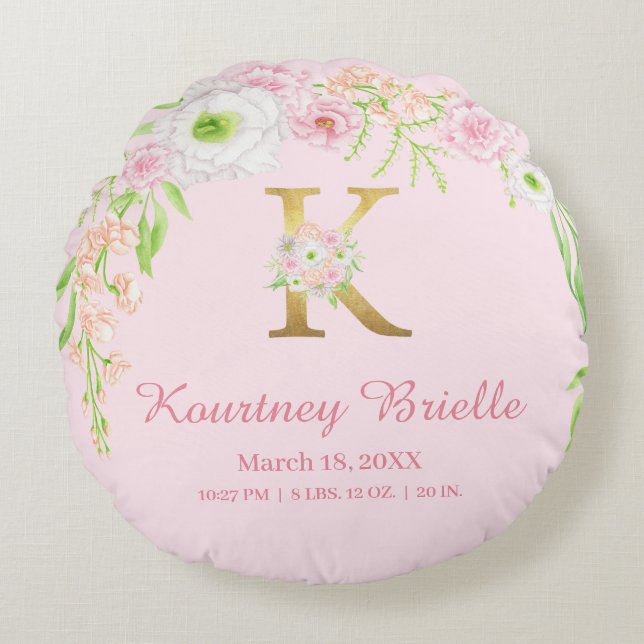 Baby Pink Floral Monogram Baby Stats Rundes Kissen (Vorderseite)