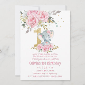 Baby Pink Floral Niedlich Elefant 1. Geburtstag Einladung