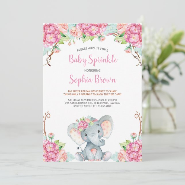 Baby Pink Floral Niedlich Elephant Girl Babydusche Einladung (Stehend Vorderseite)