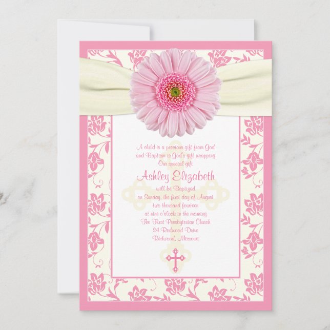 Baby Pink Gerbera Ivory Taufe Einladung (Vorderseite)
