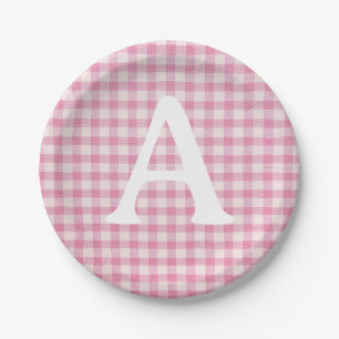 Baby Pink Gingham Benutzerdefinierte Initiale Pappteller