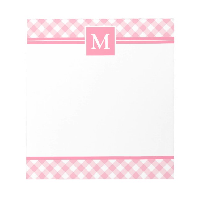 Baby Pink Gingham Karo Monogram Notizblock (Vorderseite)