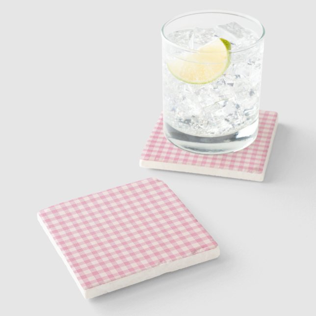 Baby Pink Gingham-Muster Steinuntersetzer (Seitenansicht)