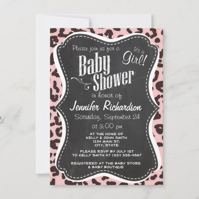 Baby Pink Leopard Animal Print, Chalkboard Einladung (Vorderseite)
